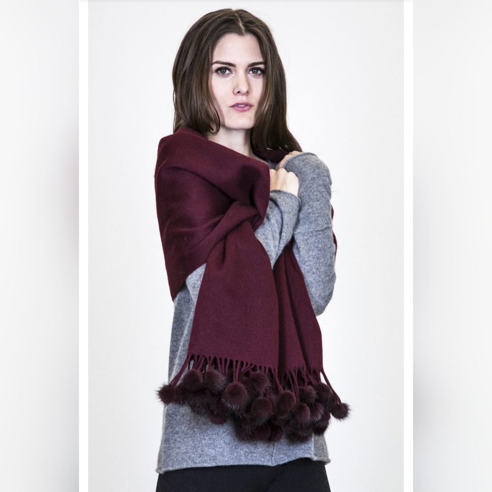 Cashmere and Wool Shawl/Wrap with mink pompoms. Brown, 72 x 27.